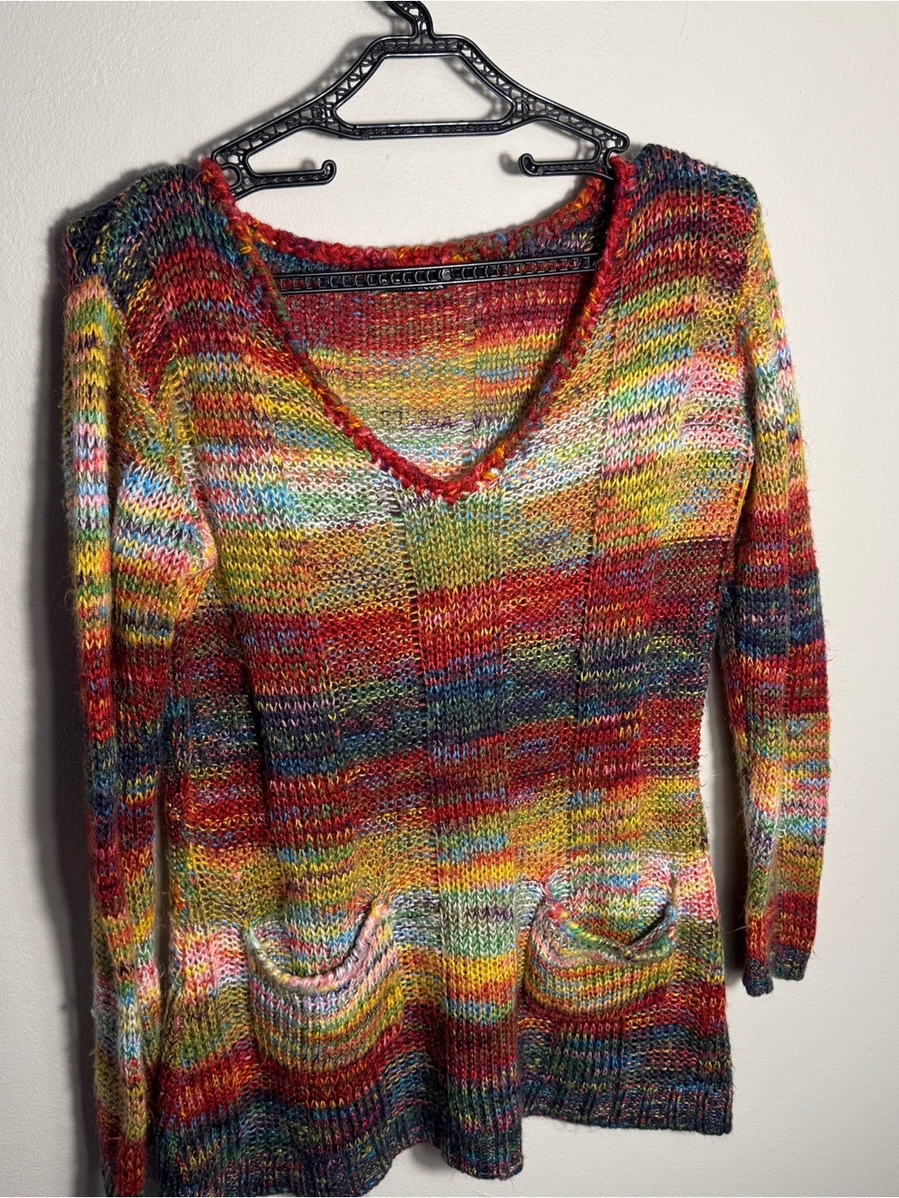 Kristin Nicole Women’s M Rainbow Space Dye Knit V Neck Tunic Sweater pocket boho